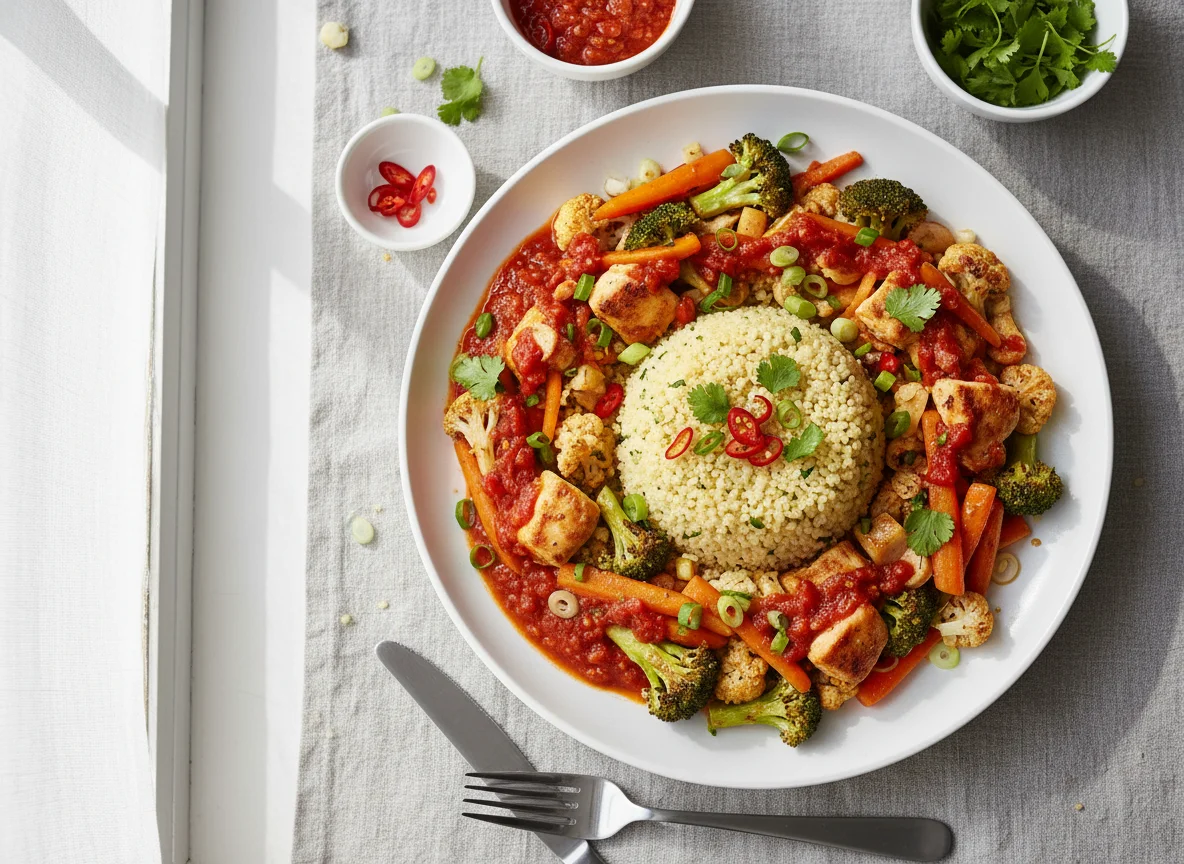 Couscous mit Gemüse und Sauce photo