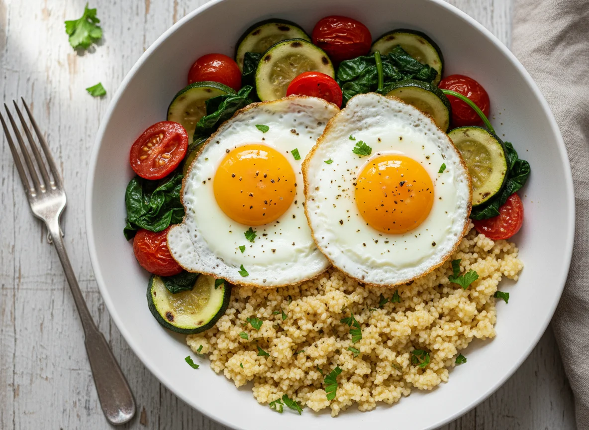 Couscous mit Spiegeleiern und Gemüsepfanne photo