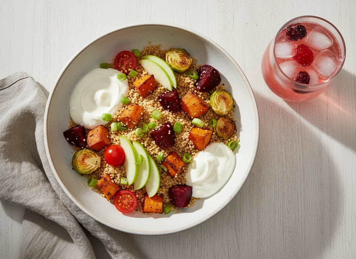 Couscous-Bowl mit Gemüse und Apfel photo