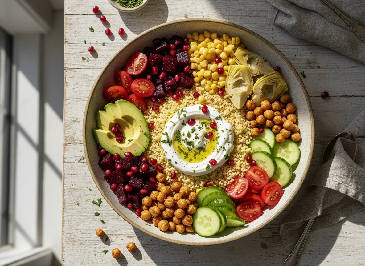 Couscous-Bowl mit Gemüse und Joghurt-Dip photo