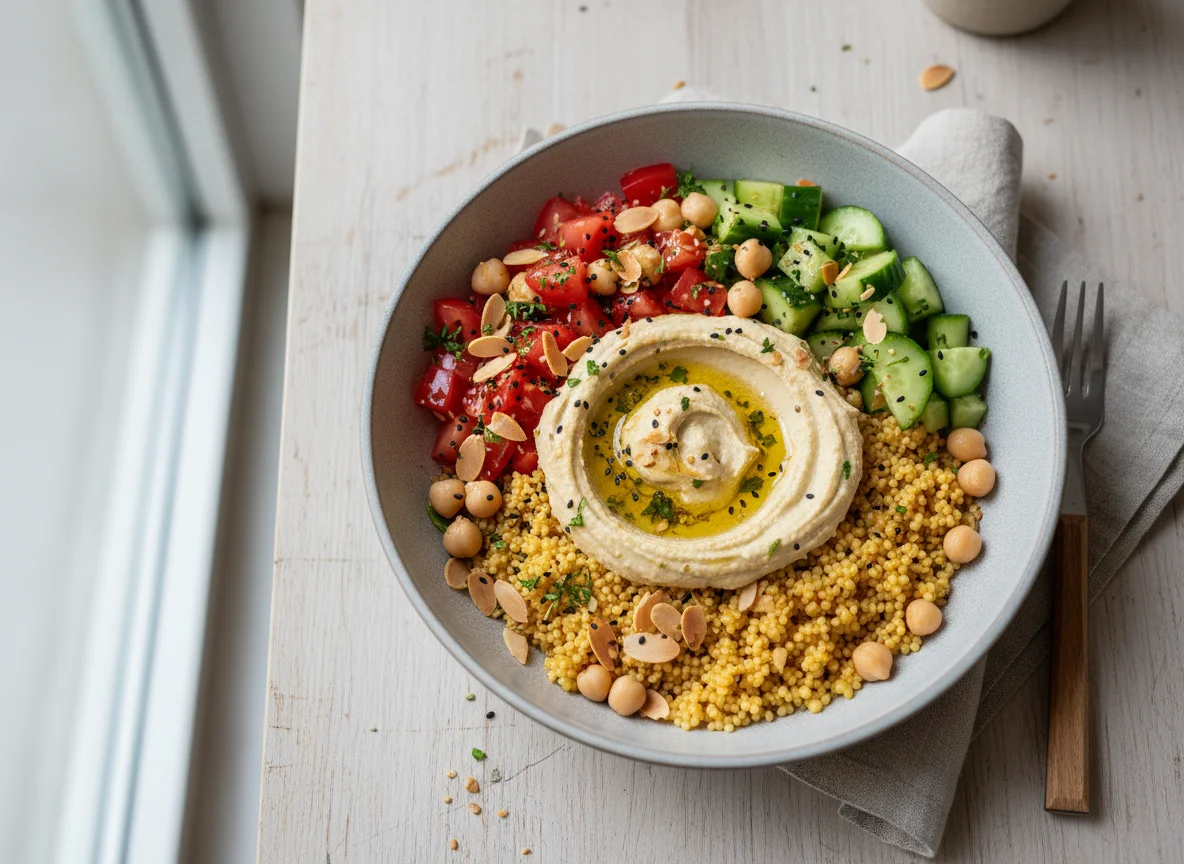 Couscous-Bowl mit Hummus und Salat photo