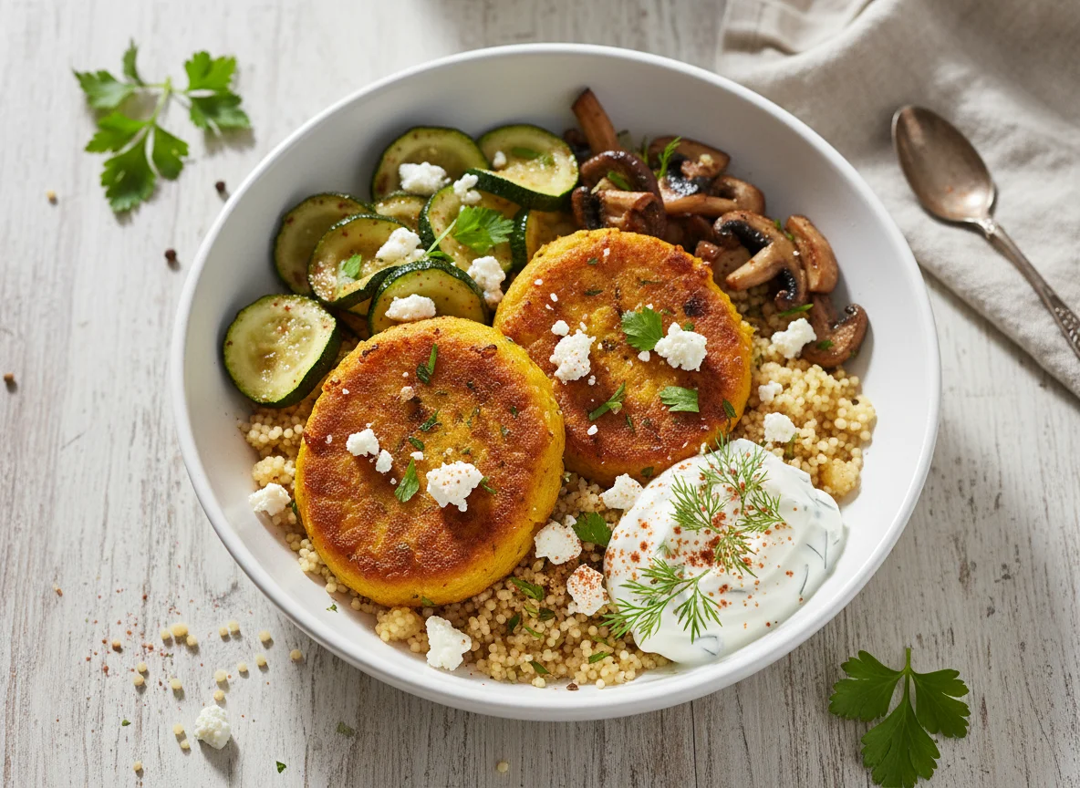 Couscous-Bowl mit Kürbis-Puffer, Feta und Gemüse photo