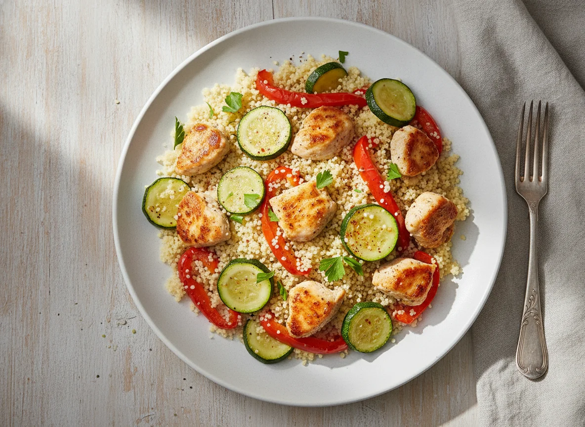 Couscous-Pfanne mit Gemüse und Hähnchen photo