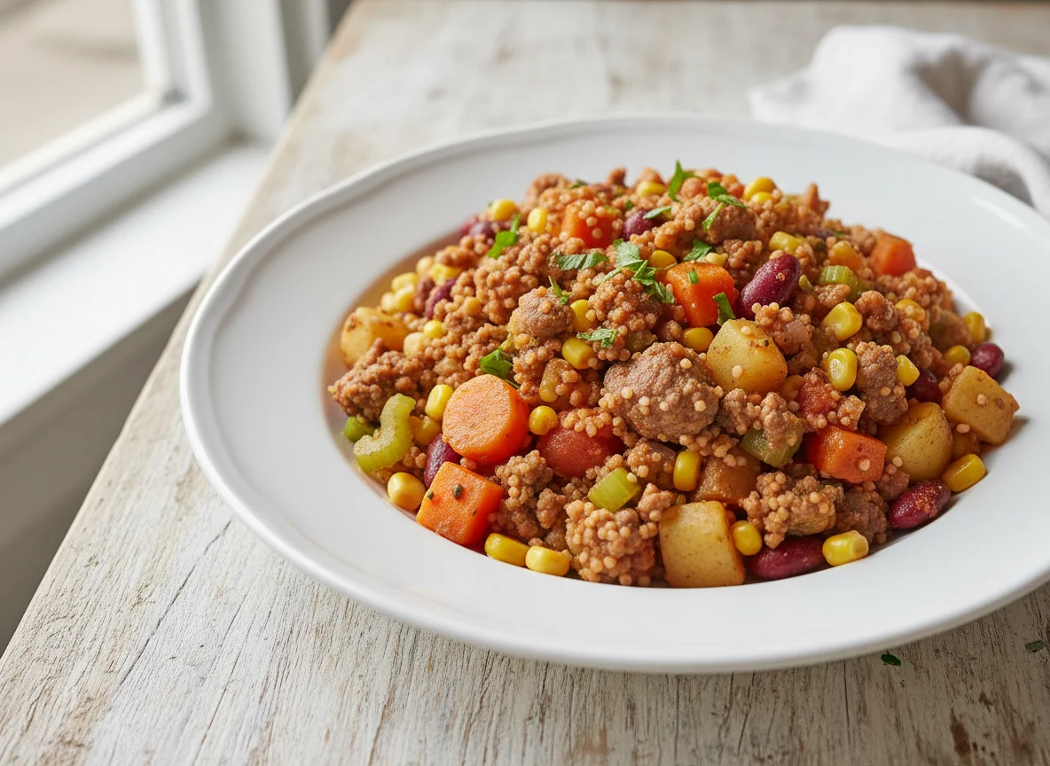 Couscous-Pfanne mit Hackfleisch und Gemüse photo