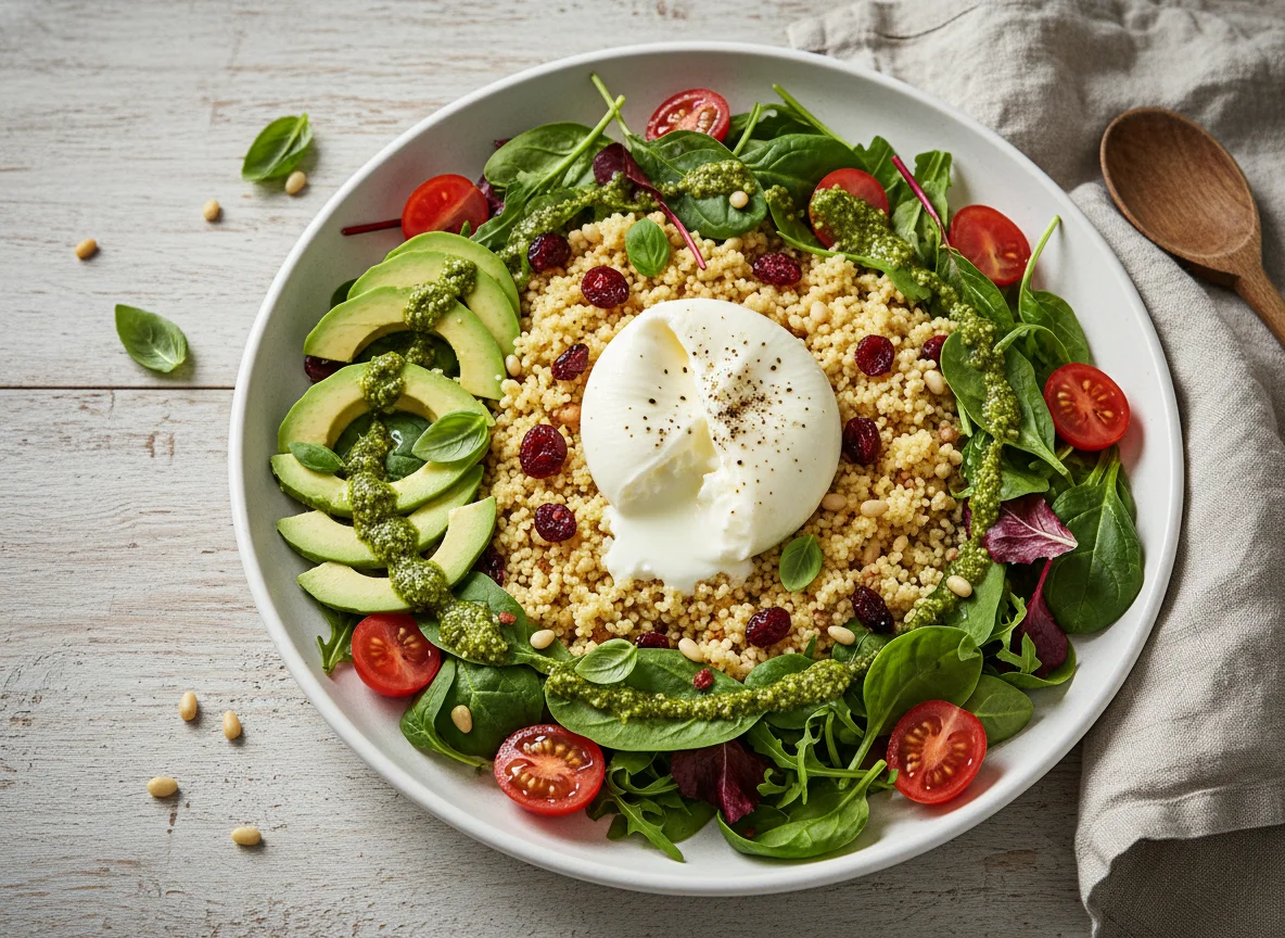 Couscous-Salat mit Burrata und Avocado photo