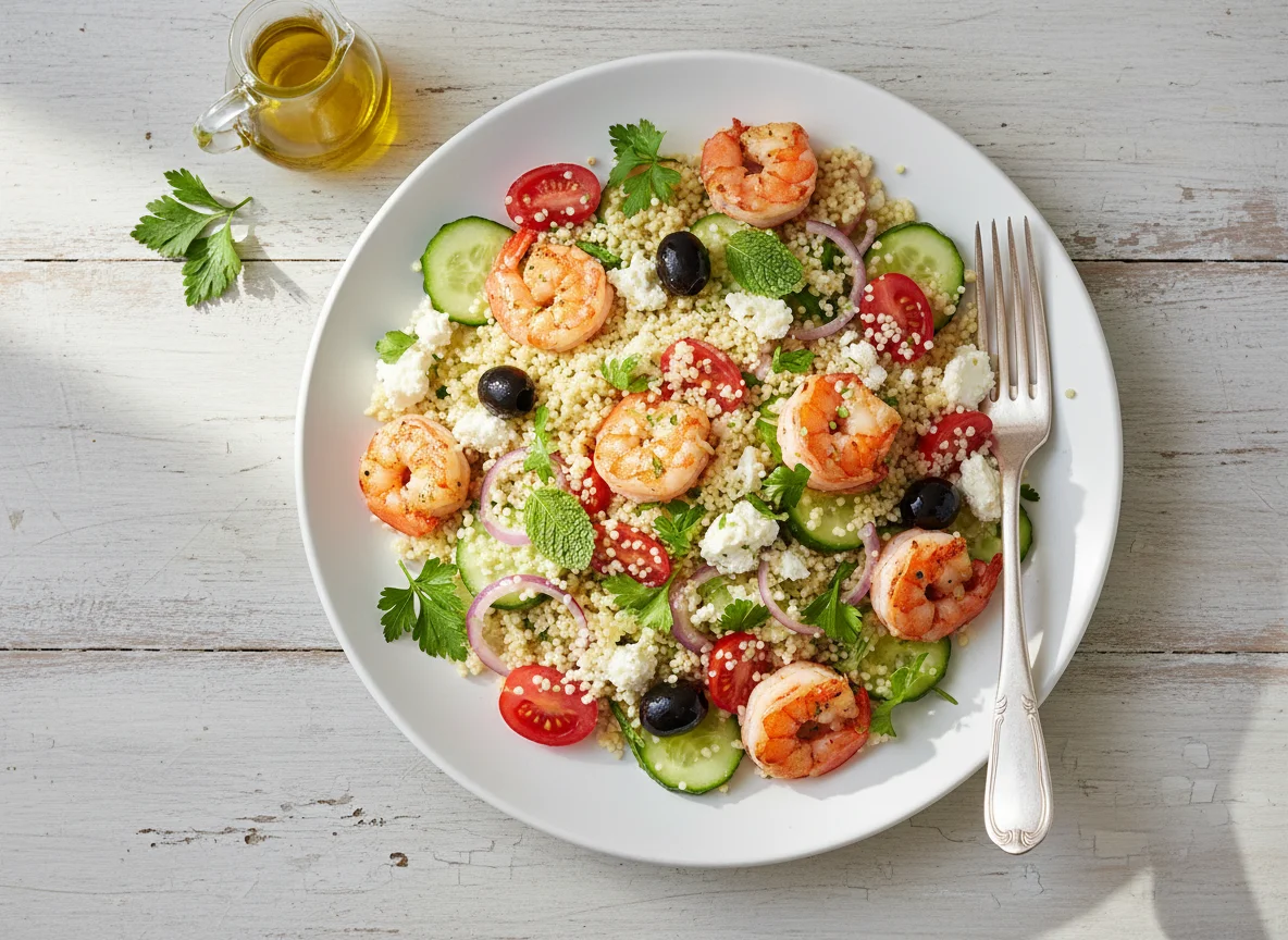 Couscous-Salat mit Garnelen und Feta photo