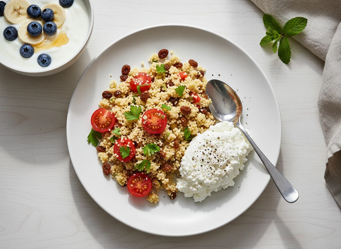 Couscous-Salat mit Hüttenkäse und Frucht-Joghurt-Bowl photo