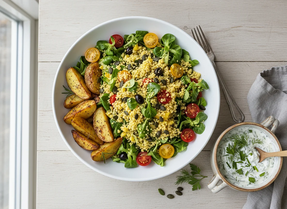 Couscous-Salat mit Ofenkartoffeln und Dip photo