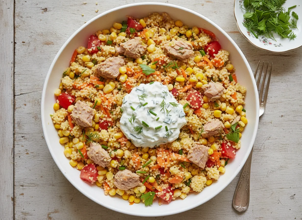 Couscous-Salat mit Thunfisch und Kräuterquark photo