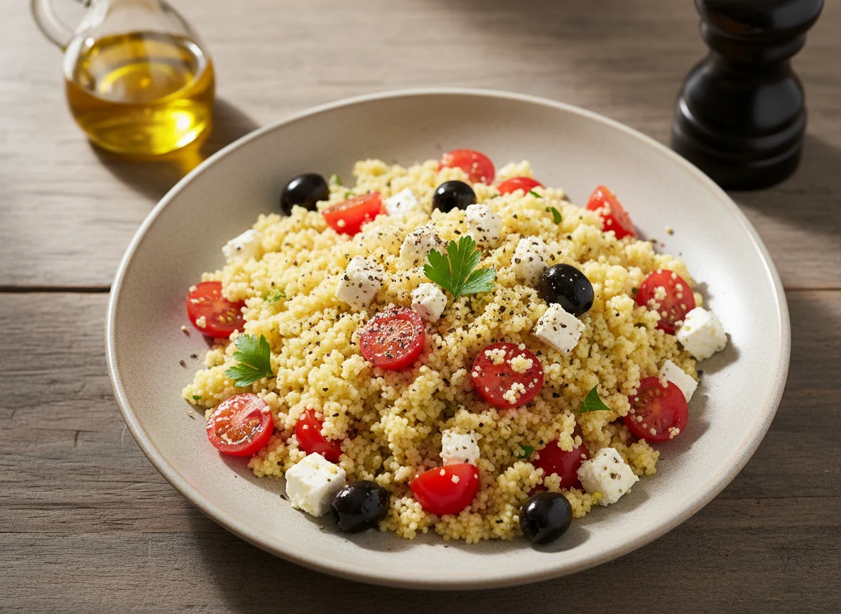 Couscous-Salat mit Tomaten, Oliven und Feta photo