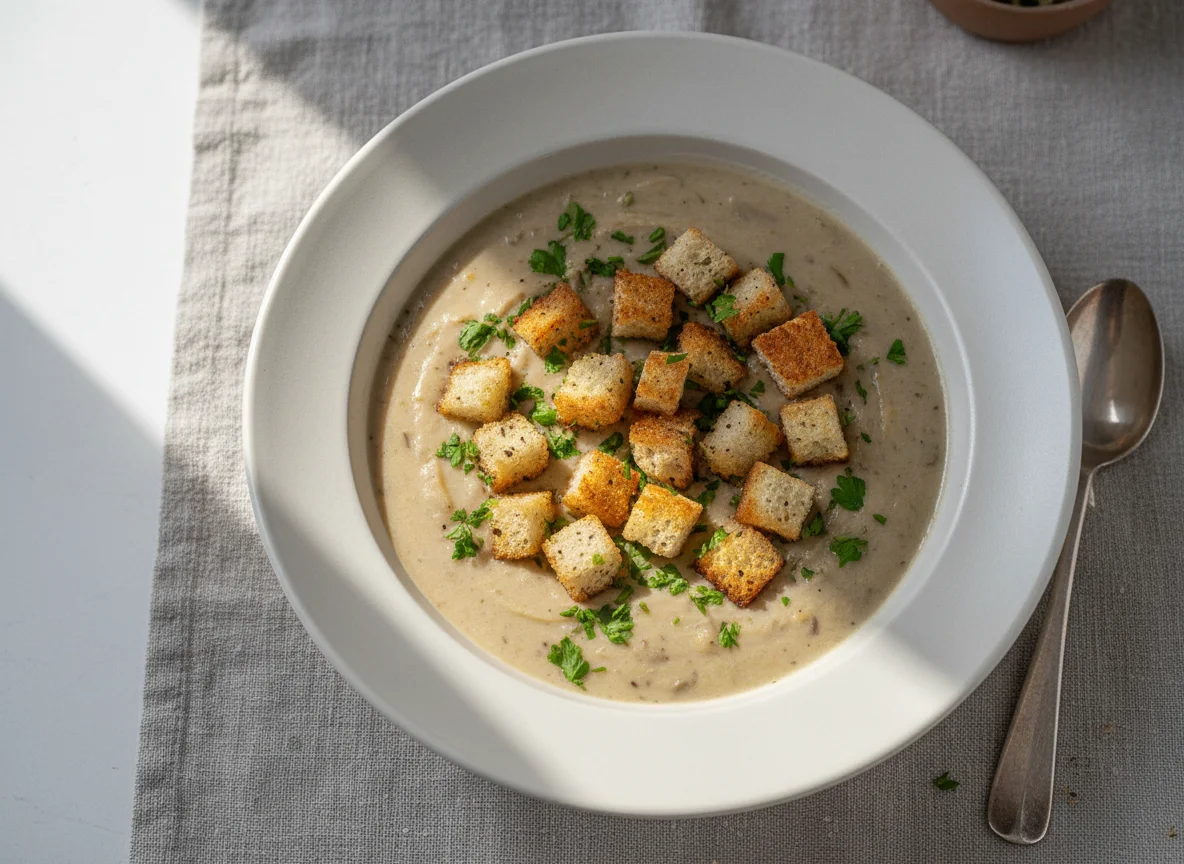 Cremesuppe mit Croutons und Petersilie photo