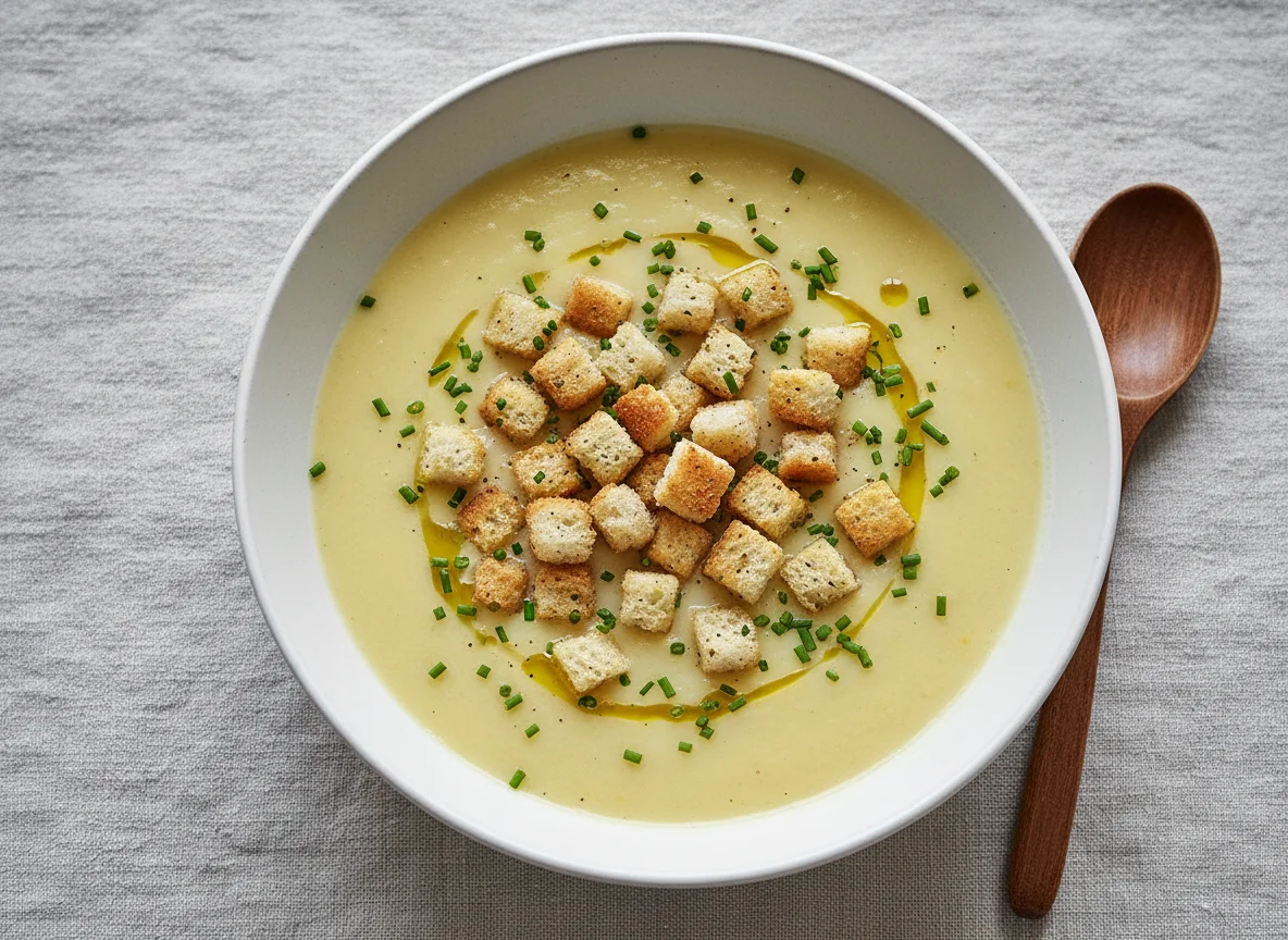 Cremesuppe mit Croutons und Schnittlauch photo