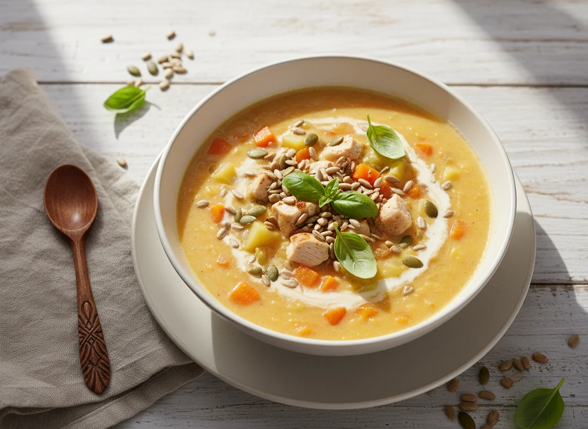 Cremige Gemüsesuppe mit Hähnchen und Kernen photo