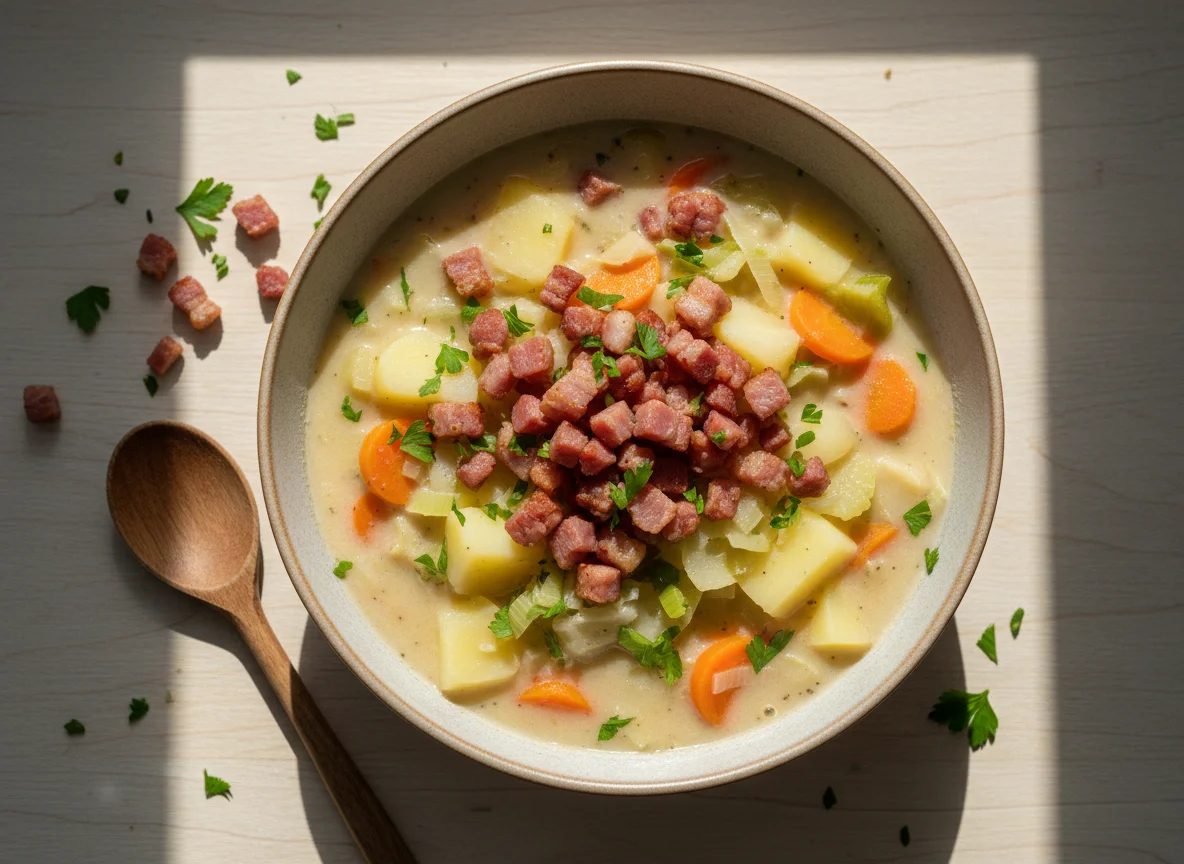 Cremige Gemüsesuppe mit Speck photo