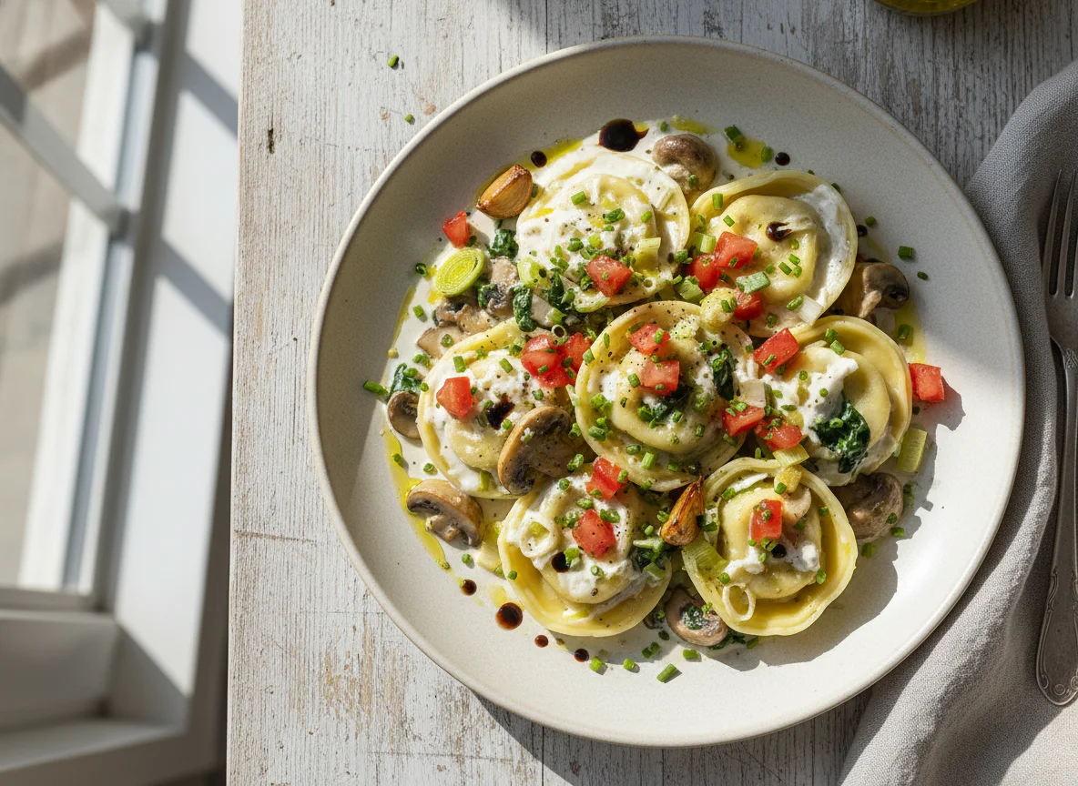 Cremige Ricotta-Spinat-Tortelli mit Champignons und Tomaten Kräuter Topping photo