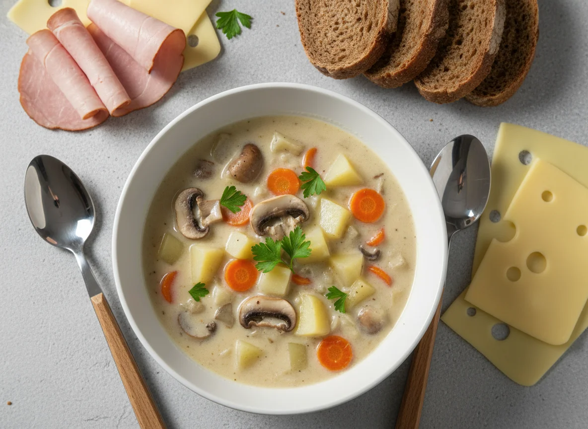 Cremige Suppe mit Brot und Käse photo