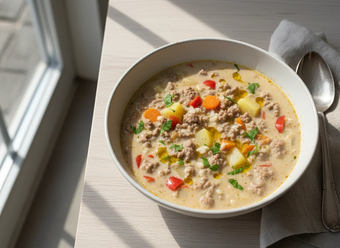 Cremige Suppe mit Faschiertem und Gemüse photo