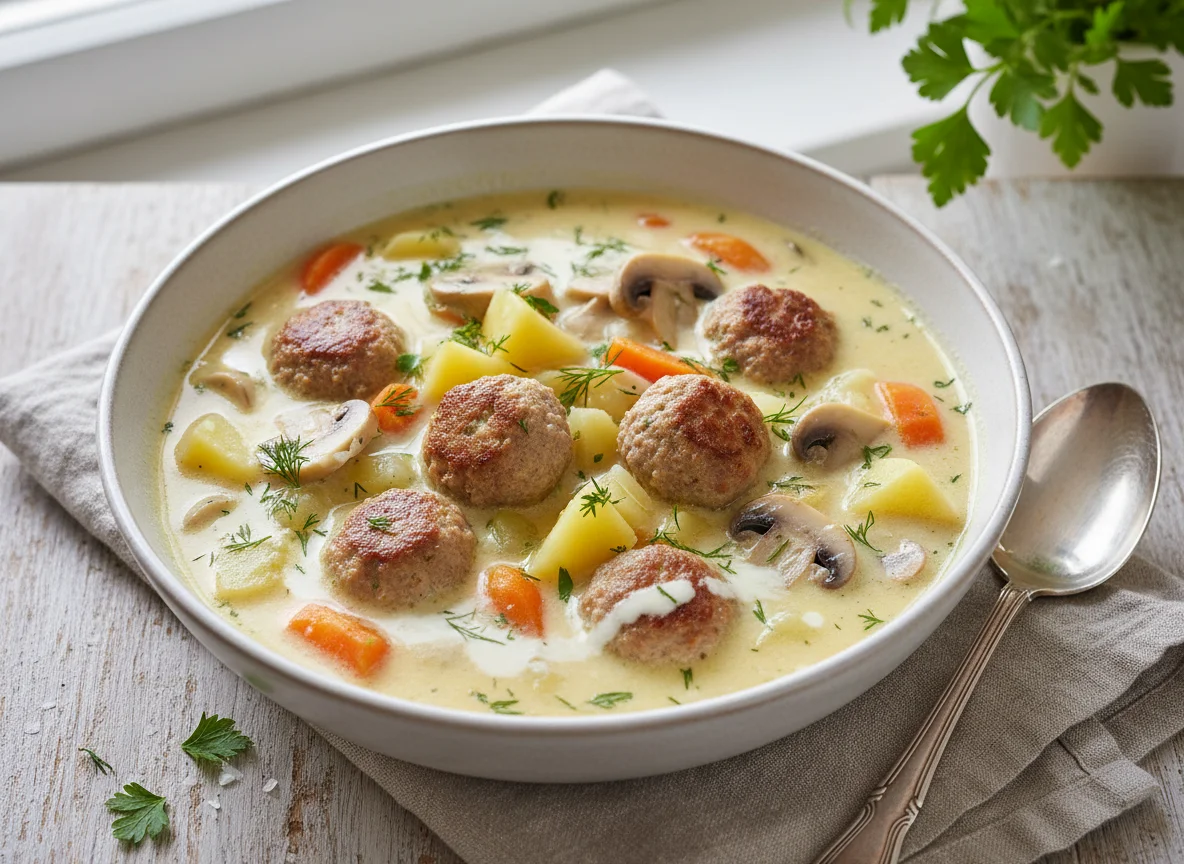 Cremige Suppe mit Fleischbällchen und Gemüse photo