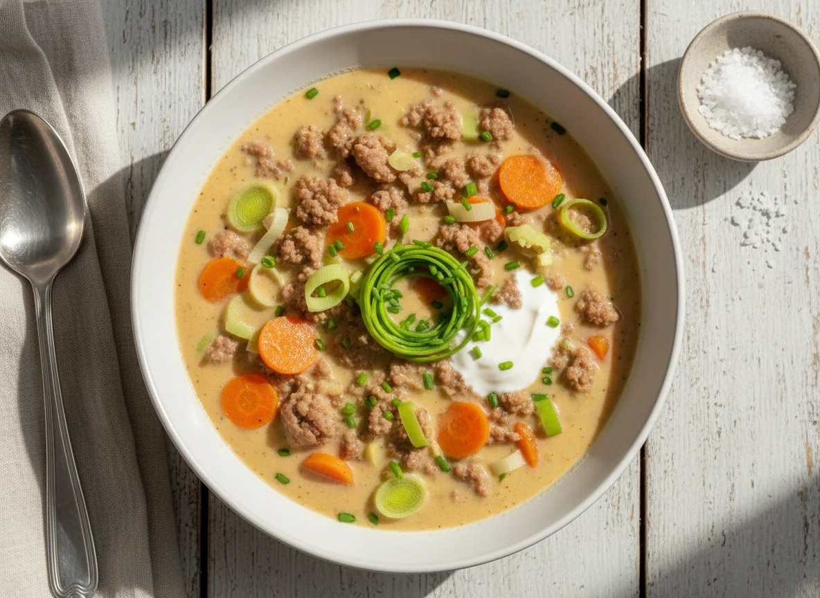 Cremige Suppe mit Hackfleisch und Gemüse photo