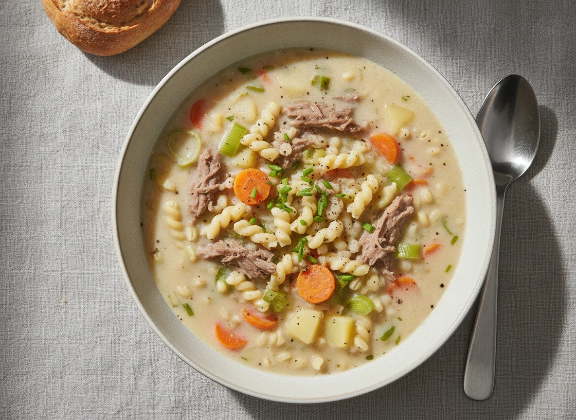 Cremige Suppe mit Rindfleisch und Gemüse photo