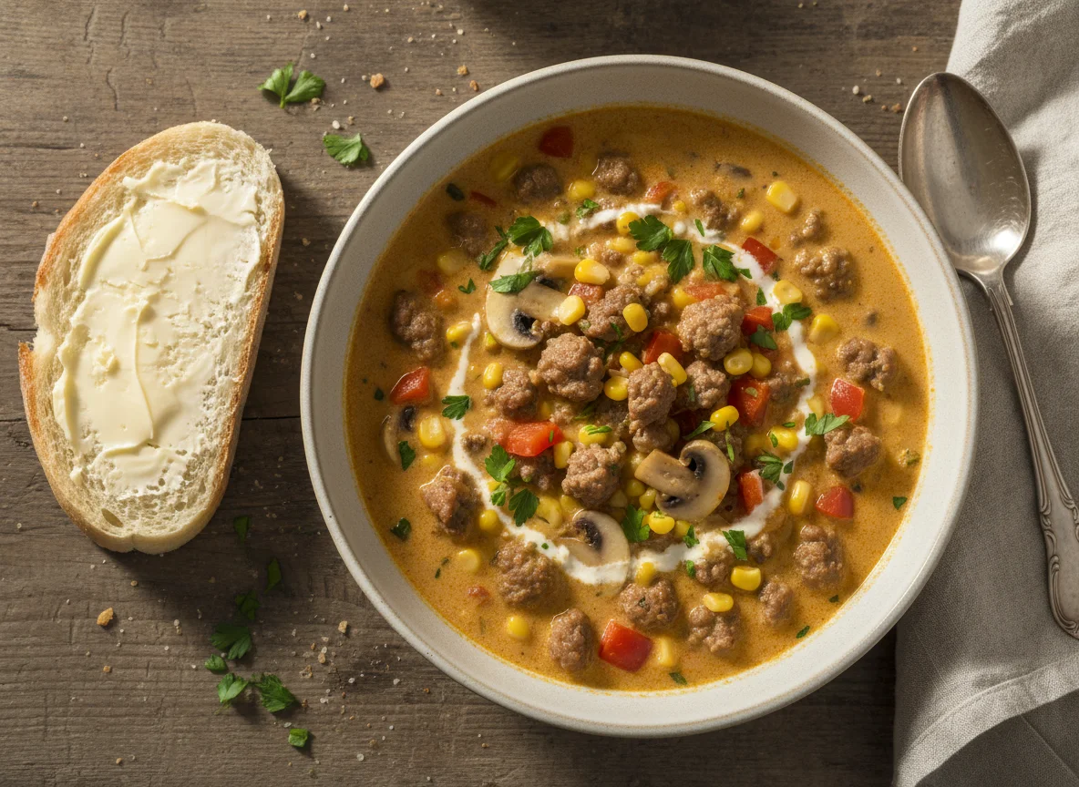 Cremige Suppe mit Rindfleisch und Gemüse mit Butterbrot photo