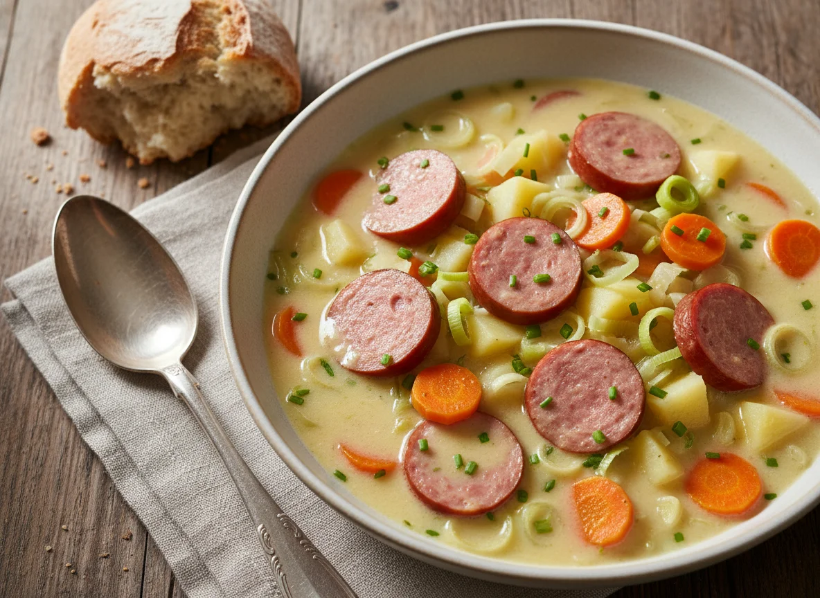 Cremige Wurst- und Gemüsesuppe photo
