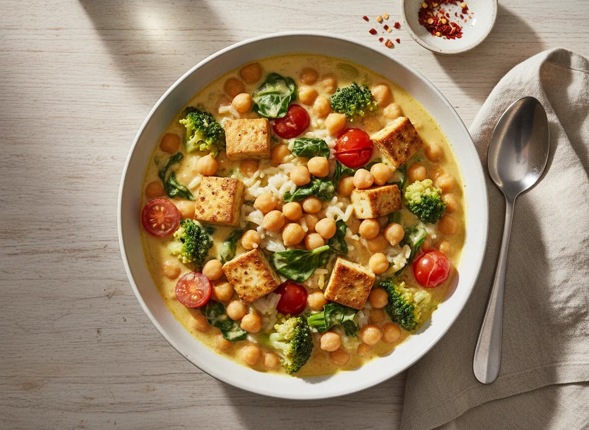 Cremiges Gemüse-Curry mit Kichererbsen und Tofu photo
