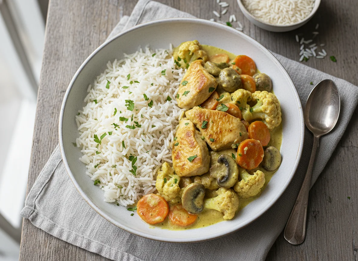 Cremiges Hähnchen-Gemüse-Curry mit Reis photo