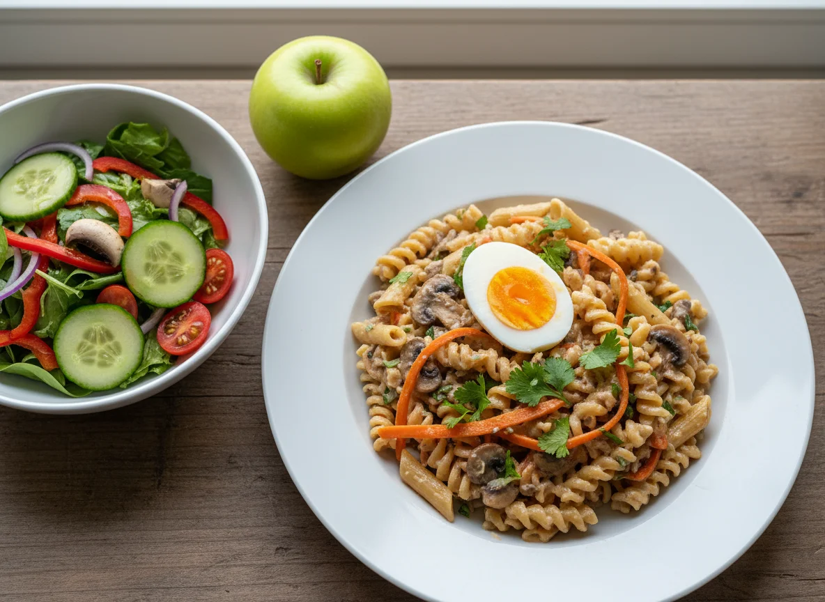 Cremiges Nudelgericht mit Salat und Apfel photo