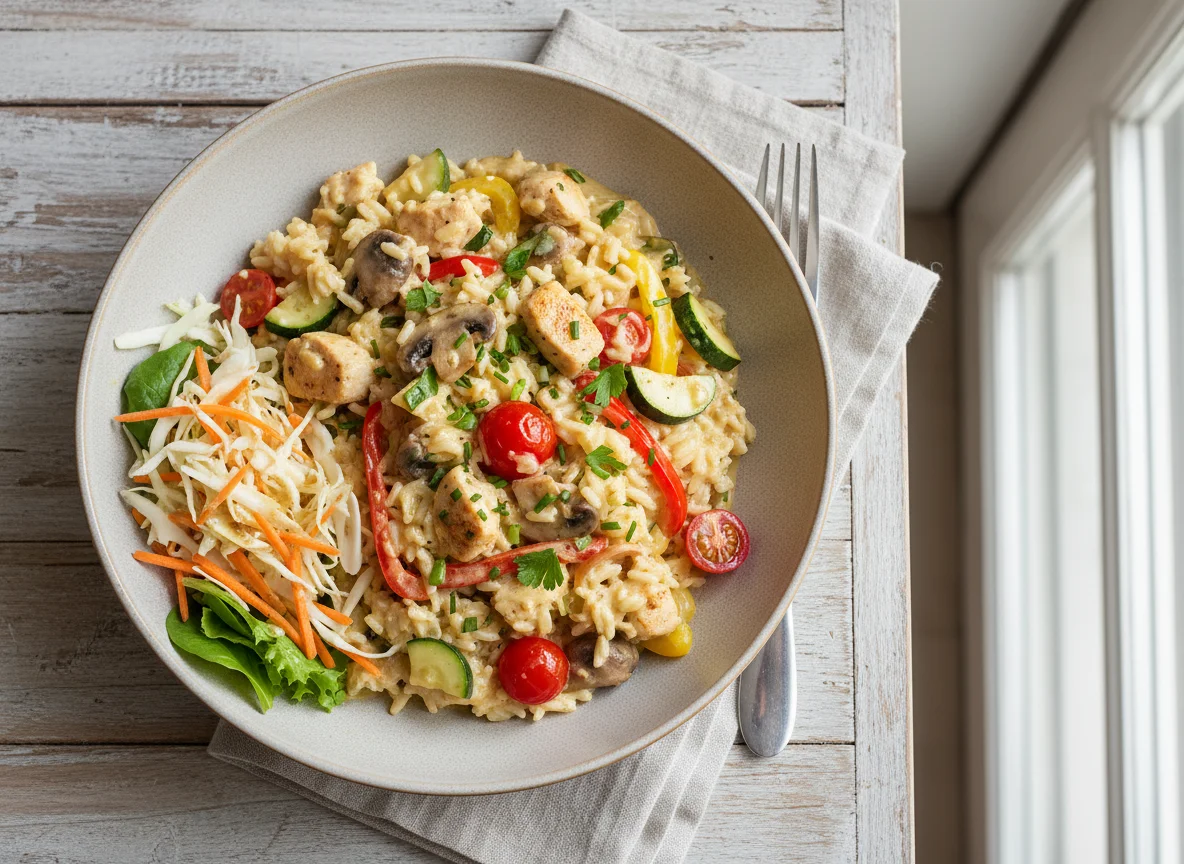 Cremiges Reisgericht mit Huhn und Gemüse photo