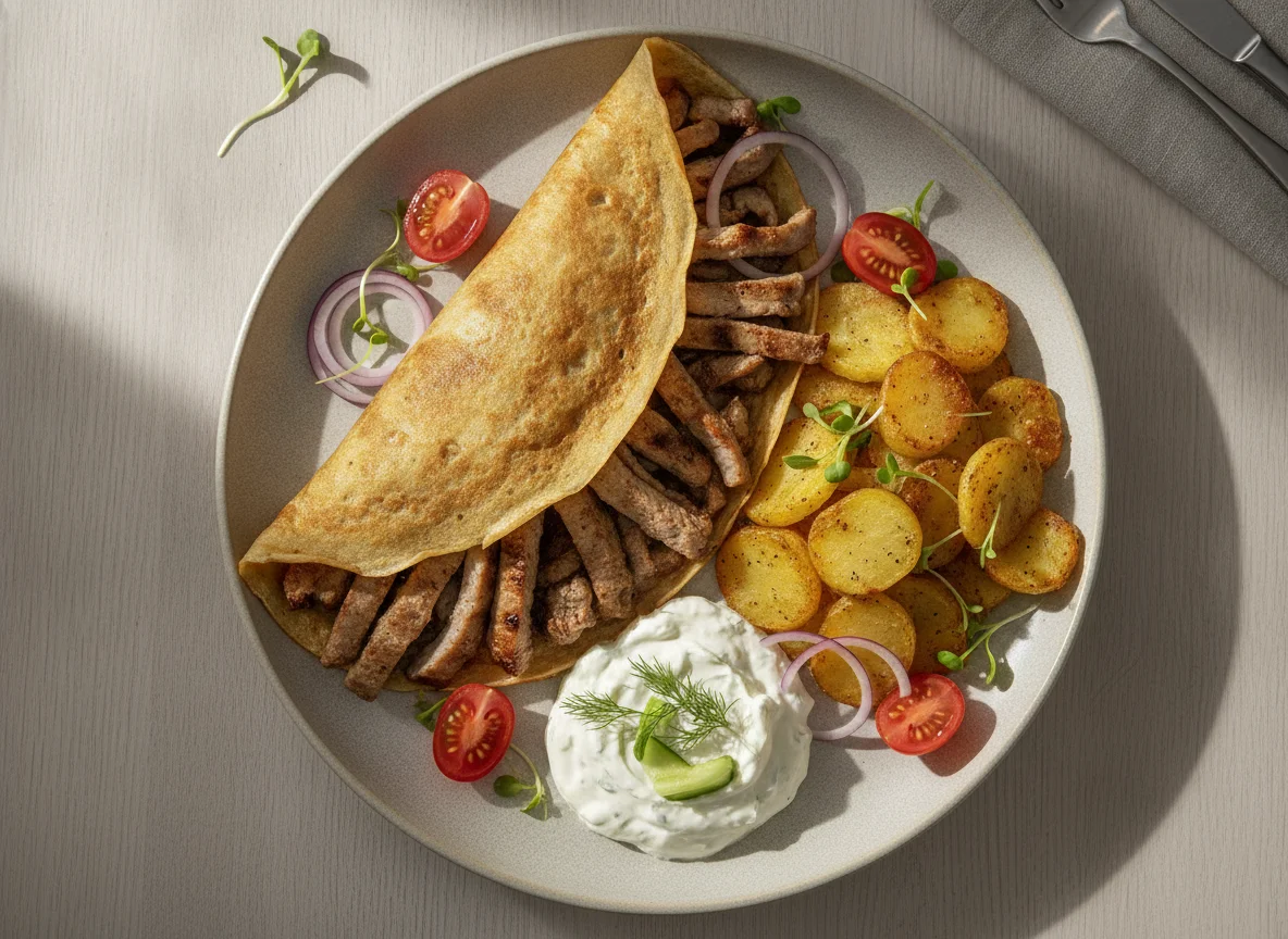 Crêpe Gyros (BIG) mit Tzatziki und Kartoffelscheiben photo
