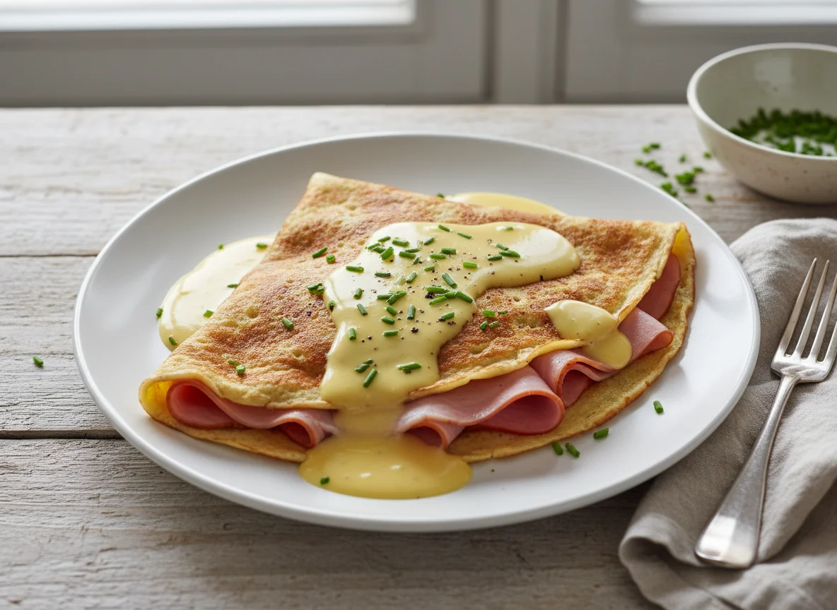 Crêpe mit Schinken und Sauce Hollandaise photo