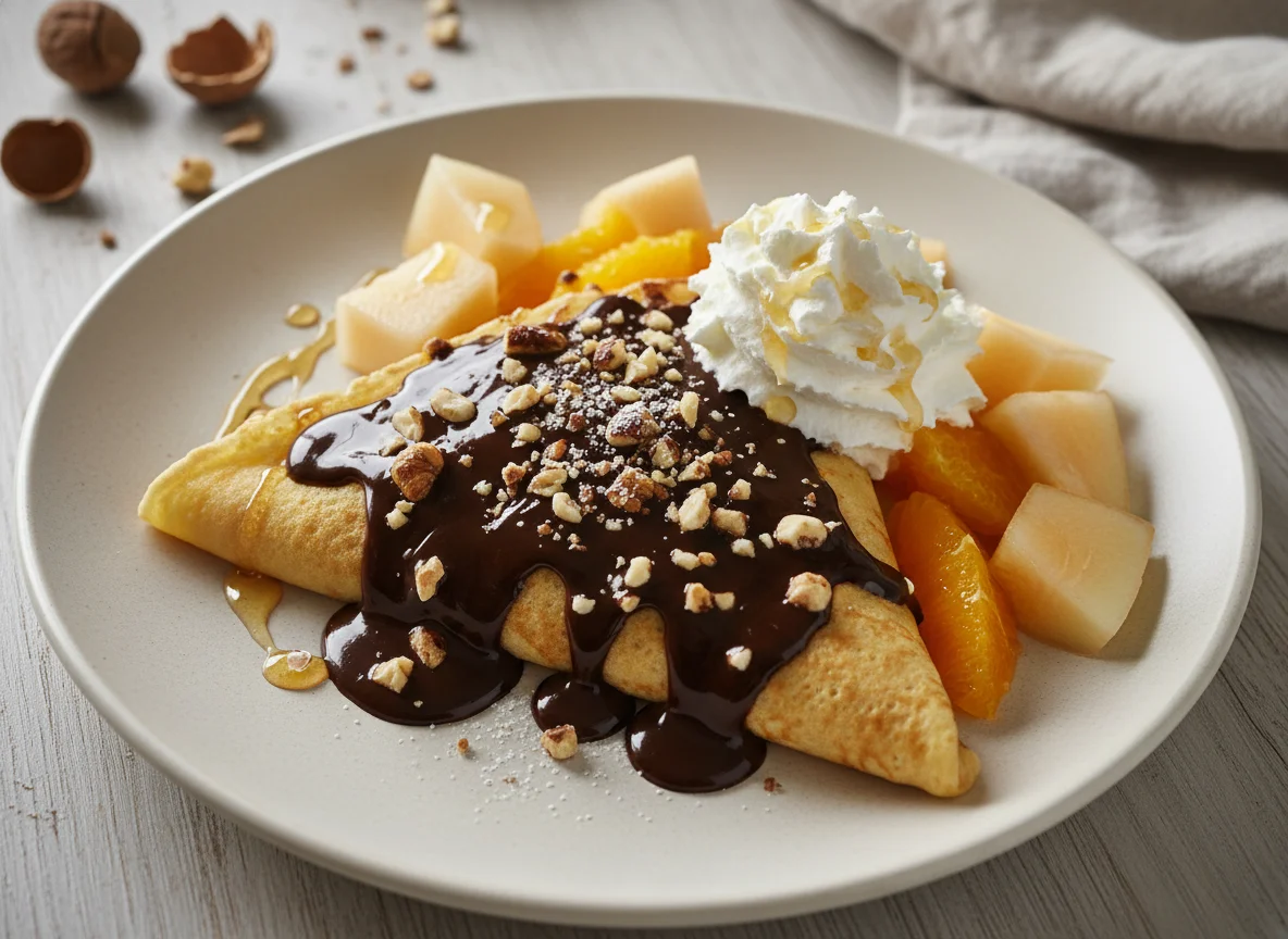 Crêpe mit Schokoladensauce, Nüssen, Schlagsahne und Früchten photo