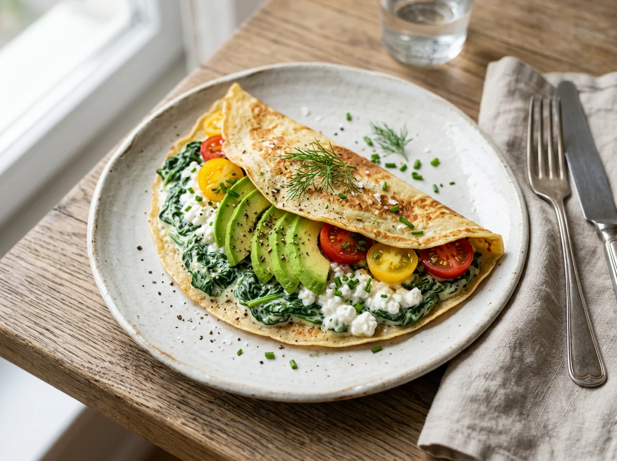 Crêpe mit Spinat, Hüttenkäse, Avocado und Tomaten photo