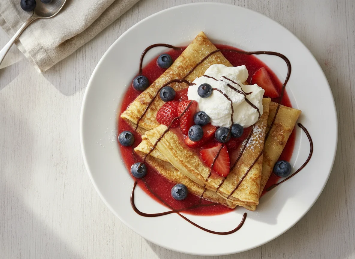 Crêpes mit Erdbeersauce, Schlagsahne und Beeren photo