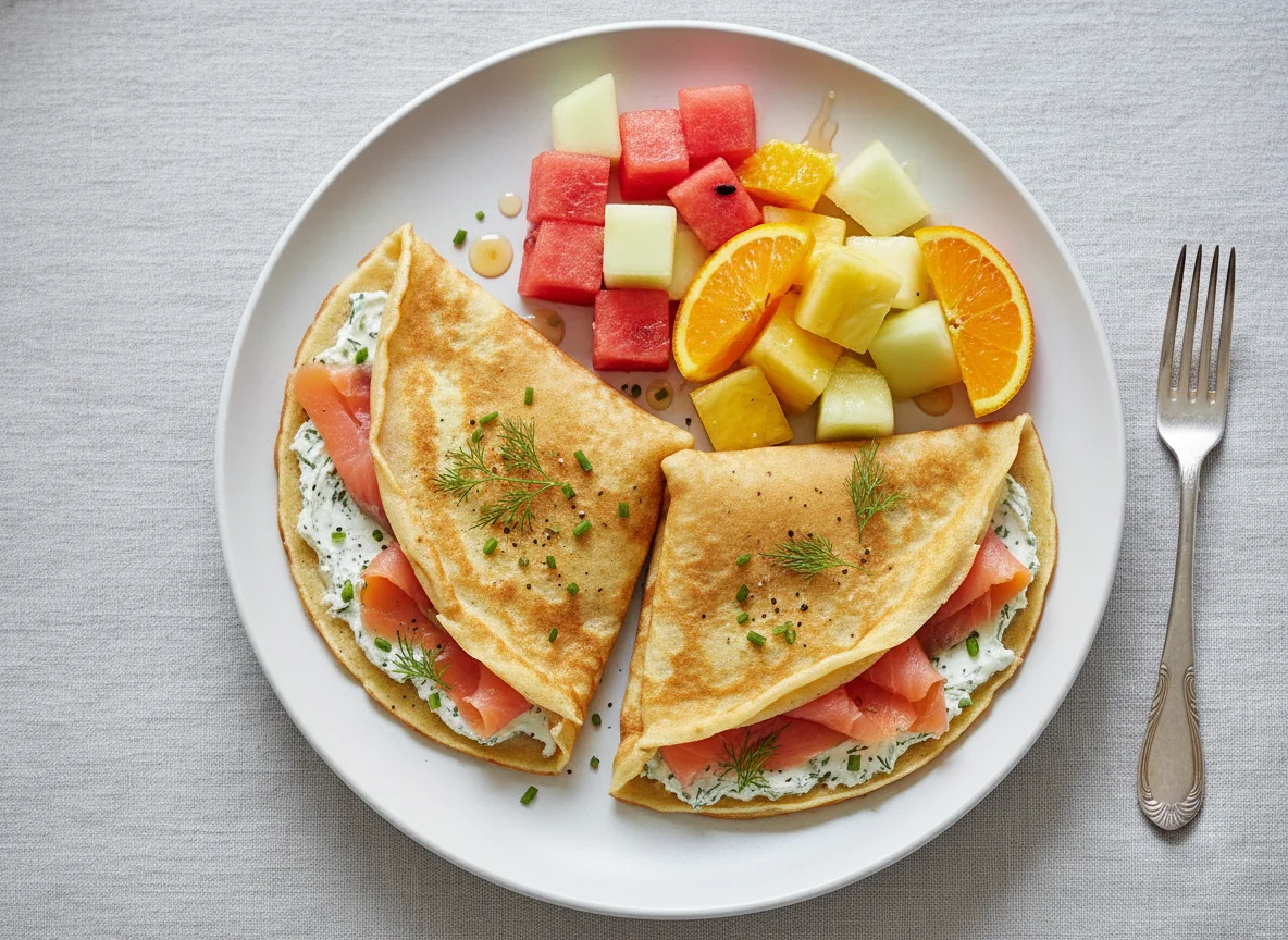 Crêpes mit Lachs und Frischkäse, dazu Obst photo