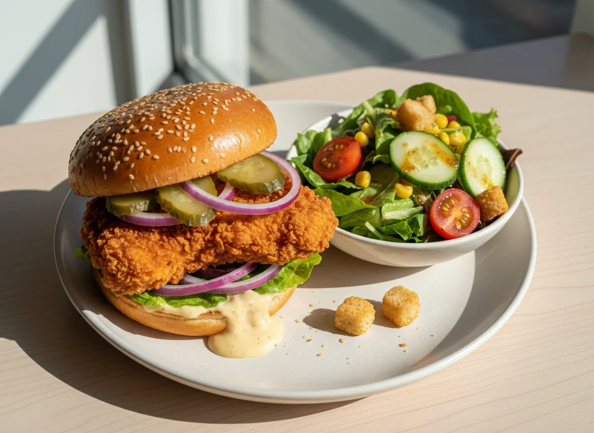 Crispy Chicken Burger mit Beilagensalat photo