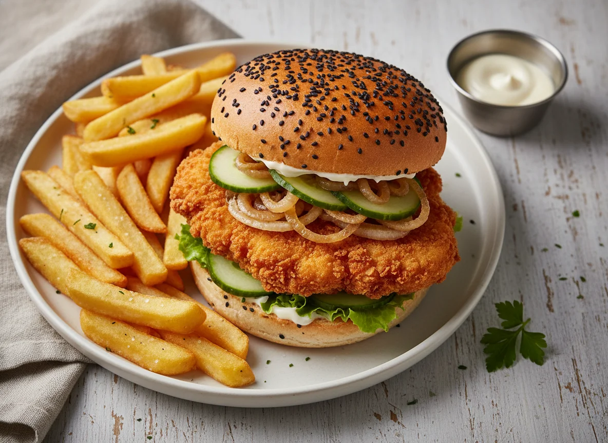 Crispy Chicken Burger mit Pommes Frites photo