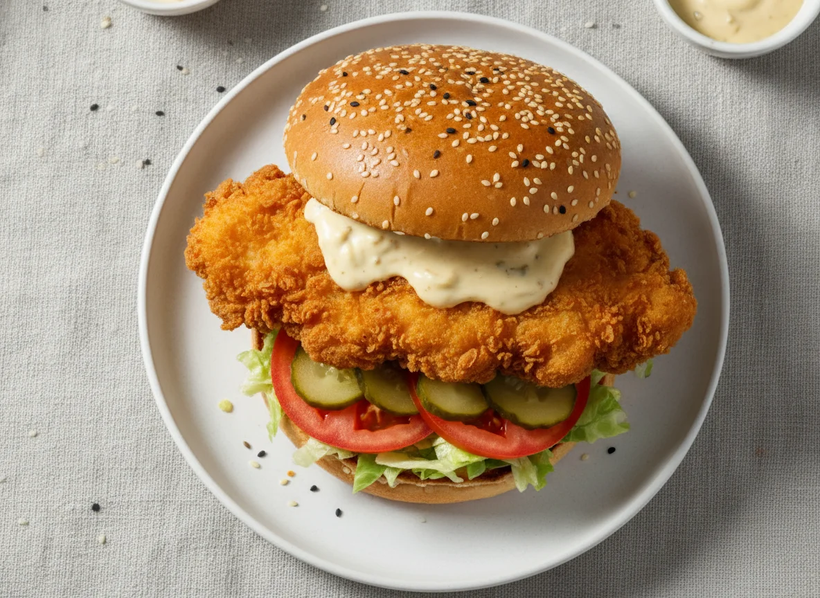 Crispy Chicken Burger mit Sesambrötchen photo