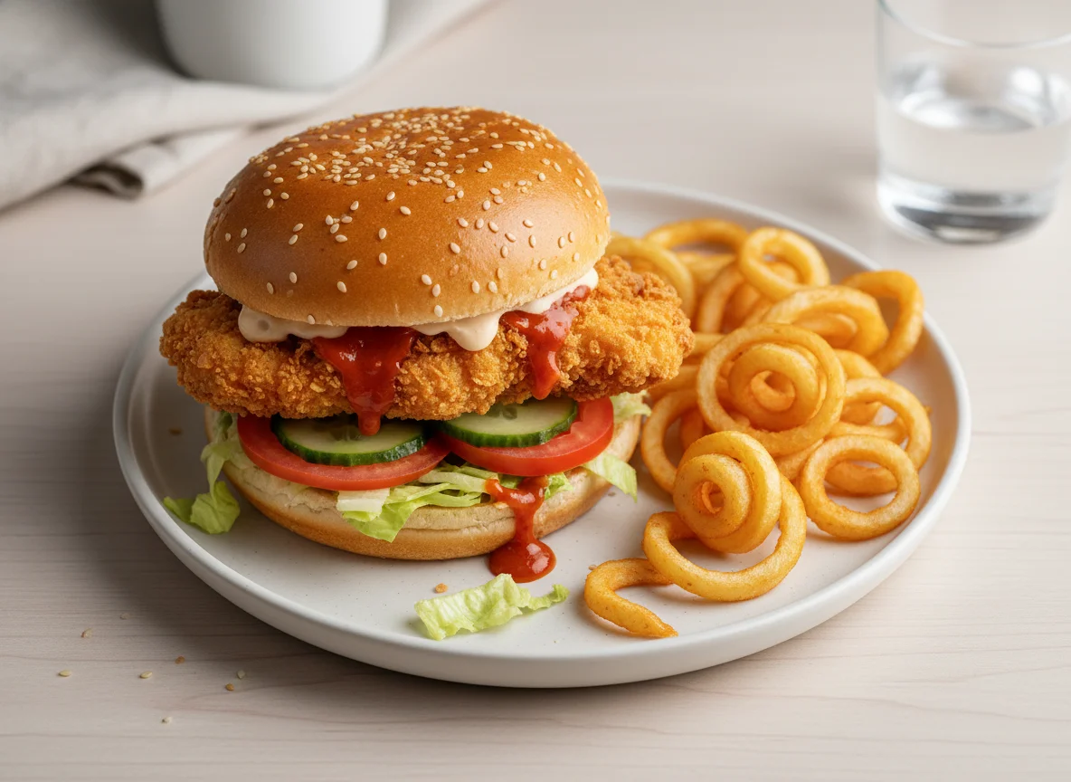 Crispy Chicken Burger mit Twisterpommes photo