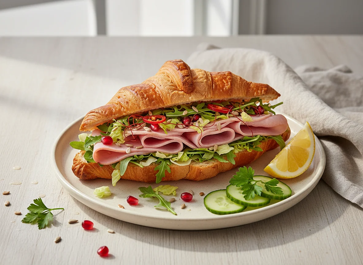 Croissant-Sandwich mit Rucola, Schinken und Beilagen photo