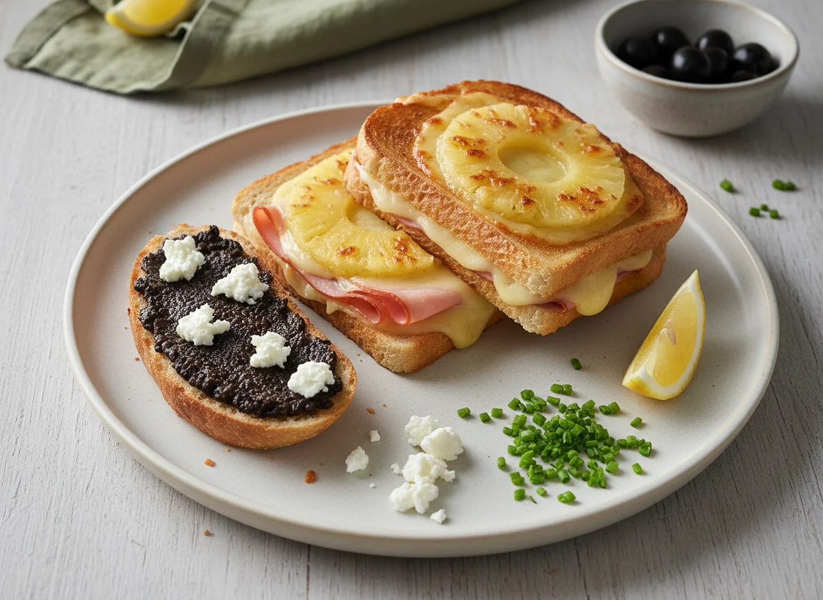 Croque Monsieur mit Ananas und Tapenade-Brot photo