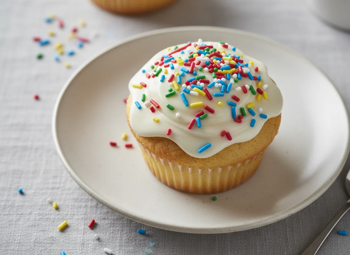 Cupcake mit Zuckerguss und Streuseln photo