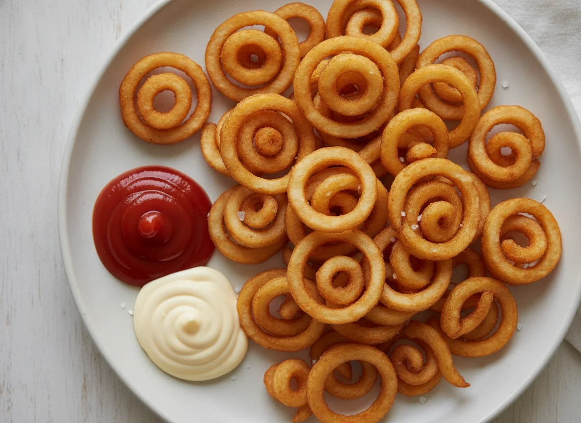 Curly Fries mit Ketchup und Mayonnaise photo