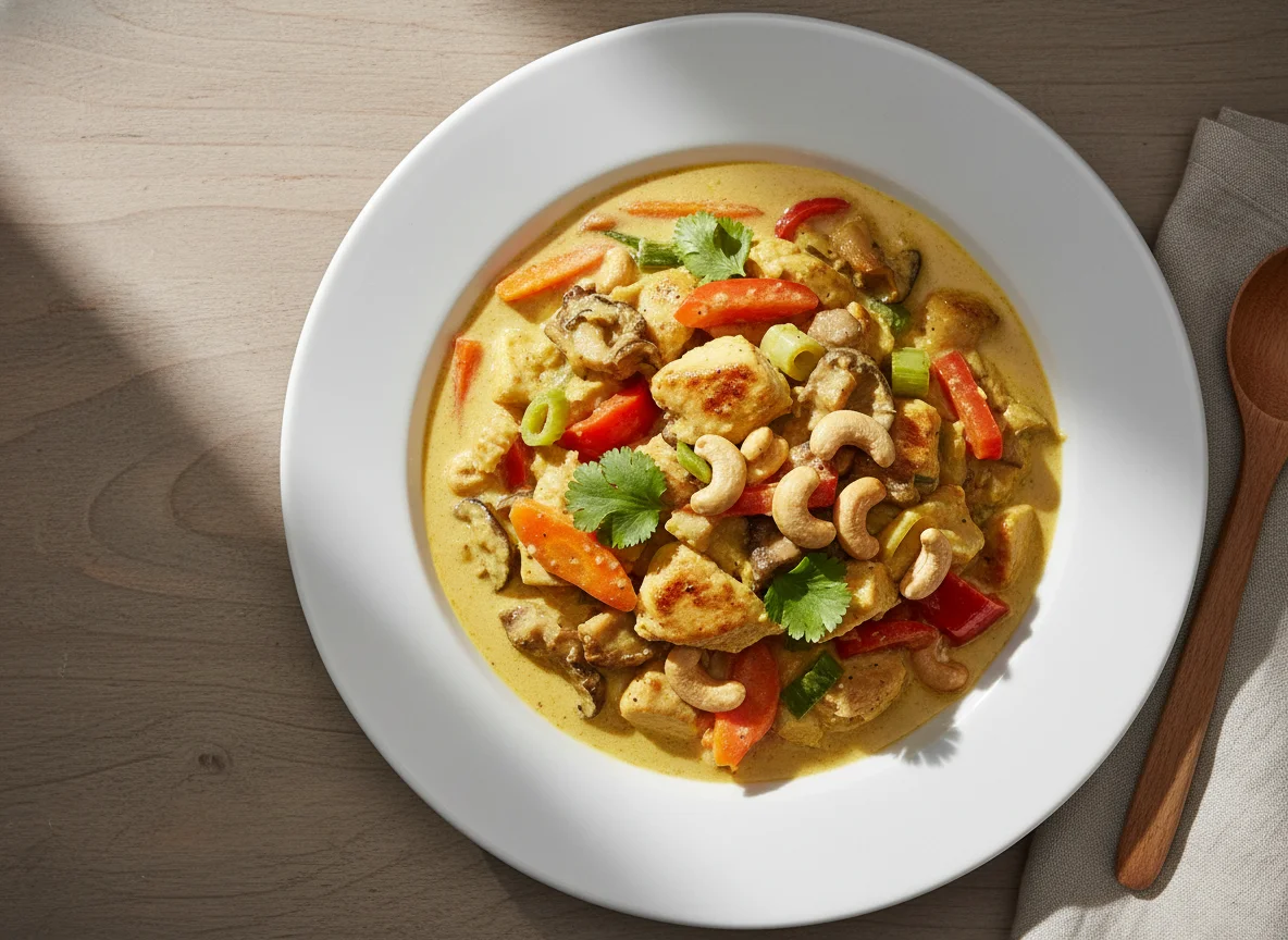 Curry mit Huhn, Pilzen und Cashewkernen photo