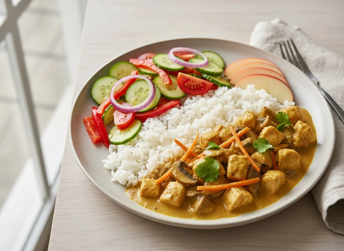 Curry mit Konjakreis, Gemüsesalat und Apfel photo