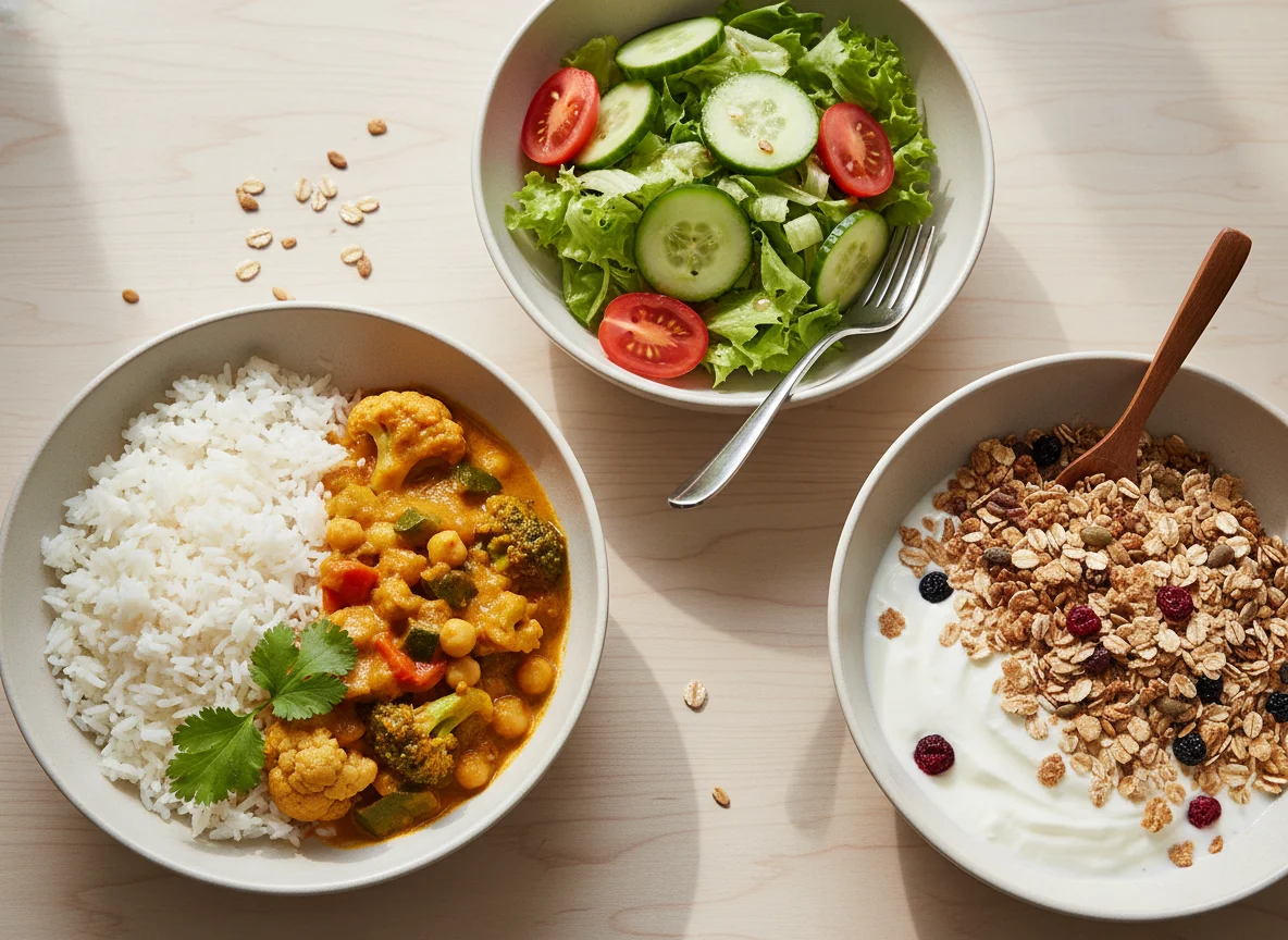 Curry mit Reis, Beilagensalat und Joghurt mit Müsli photo