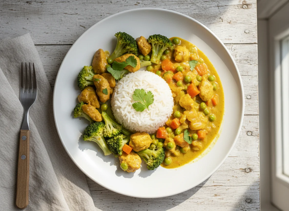 Curry mit Reis und Brokkoli photo