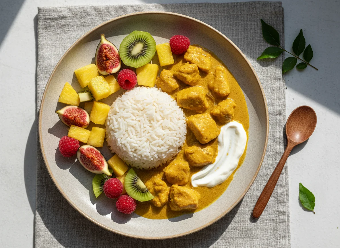 Curry mit Reis und Früchten photo