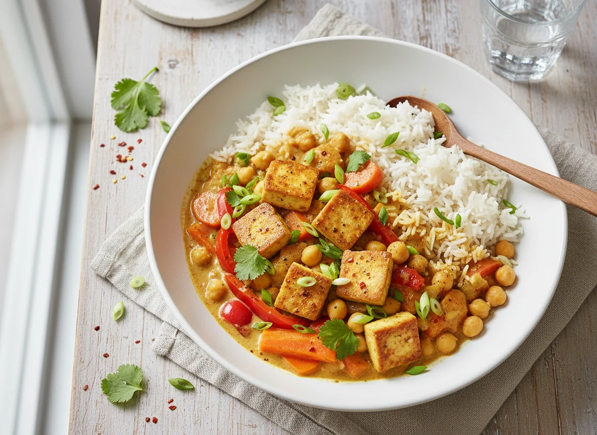 Curry mit Reis und gebratenem Tofu photo
